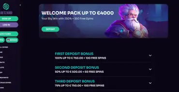 100% up to €/$750 + 100 free spins on your first deposit at Betzard: Betzard Online Casino