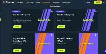 150% up to 250 € on your third deposit at Gama: Gama Online Casino