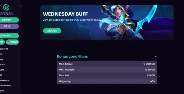 25% up to 500 €/$ every Wednesday at Betzard: Betzard Online Casino