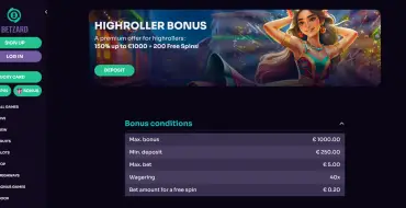 High Roller Bonus 150% up to €/$1000 and 200 FS at Betzard: Betzard Online Casino
