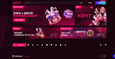 Increased first deposit bonus: up to 400€ and 100 FS at Kent: Kent Online Casino