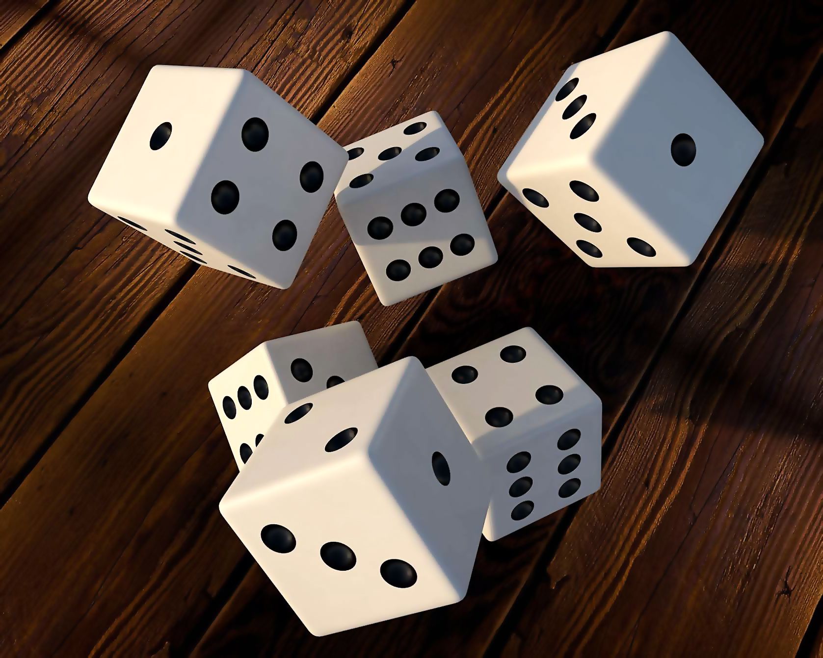 Roll of the dice in craps Multiple white dice in front of the wooden background